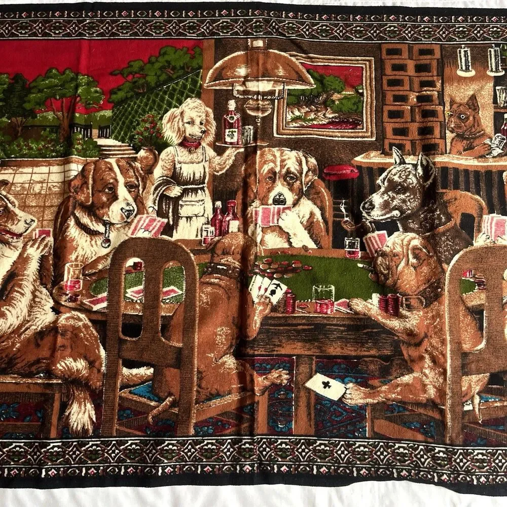 Vintage 70s Cotton Tapestry Wall Hanging Dogs Playing Poker 37x 54 Wall Art RTC